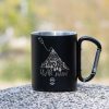 black laser engraved metal mug with carabiner and mountain design engraved with text in Bulgarian “Tea a bit”