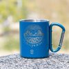 blue laser engraved metal mug with carabiner and mountain and sea design, engraved text in Bulgarian “Carefree”