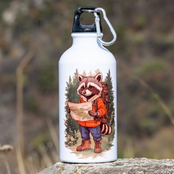White aluminum water bottle with illustrated raccoon hiker and carabiner.