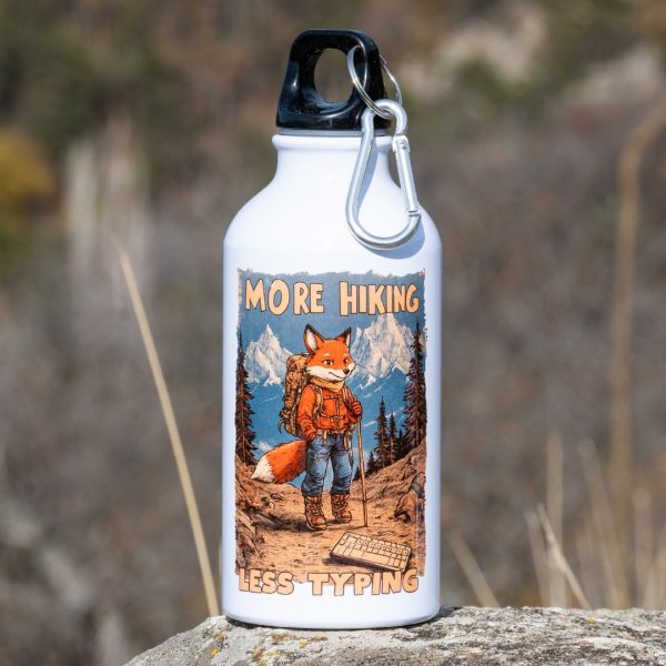 "White aluminum bottle with hiking fox illustration and 'More Hiking Less Typing' design"