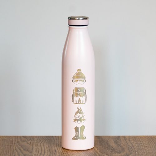 rozov-termos-za-ski Pink 750ml thermos with laser-engraved winter sports icons.