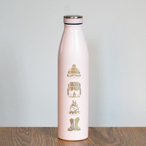 Pink 750ml thermos with laser-engraved winter sports icons.