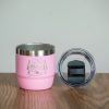 Pink mini insulated coffee cup with laser engraving and removable magnetic lid.
