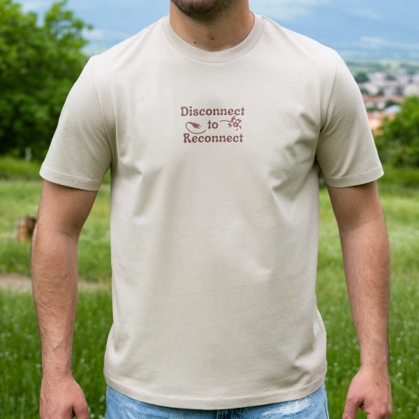 Front view of organic cotton t-shirt with Disconnect to Reconnect nature inspired print