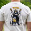 Close-up back print on white organic cotton hiking t-shirt with bear and hiker graphic
