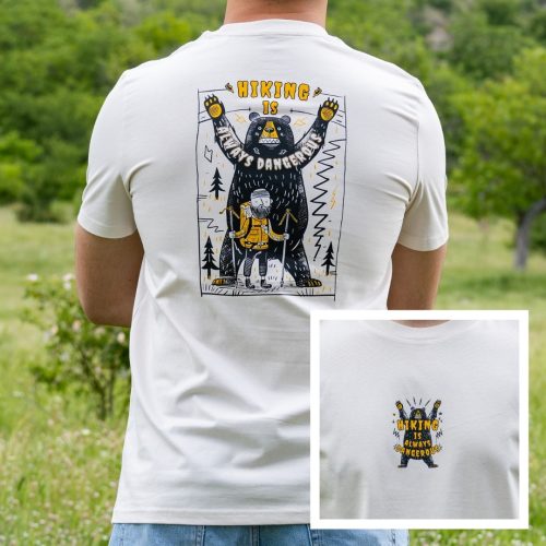 White organic cotton hiking t-shirt with bear graphic print on front and back