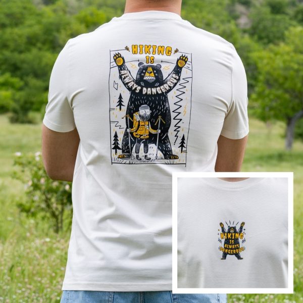 White organic cotton hiking t-shirt with bear graphic print on front and back