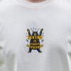 Close-up front print on white organic cotton hiking t-shirt with bear graphic