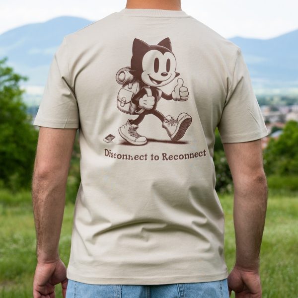 Back view of organic cotton t-shirt with Disconnect to Reconnect hiking cat graphic