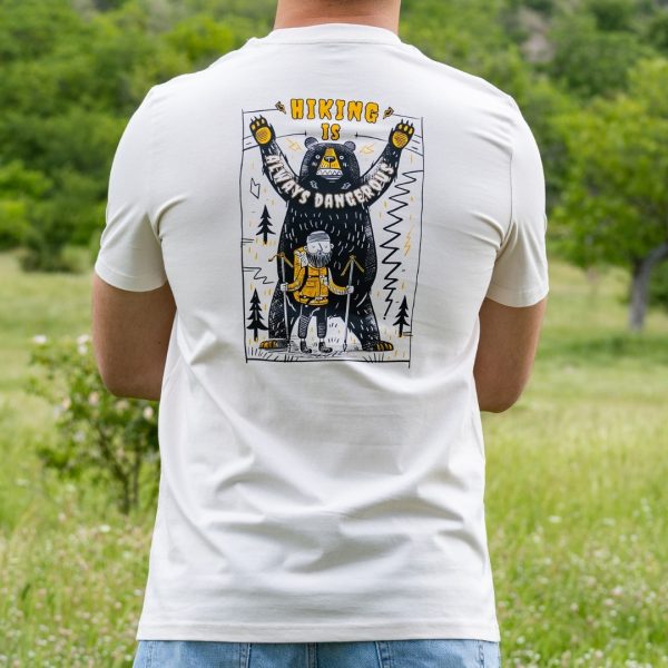 Back view of white organic cotton hiking t-shirt with bear and hiker graphic print