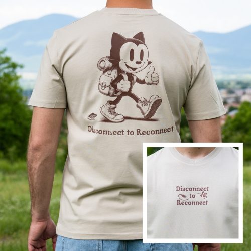 Organic cotton t-shirt with Disconnect to Reconnect hiking cat graphic on front and back