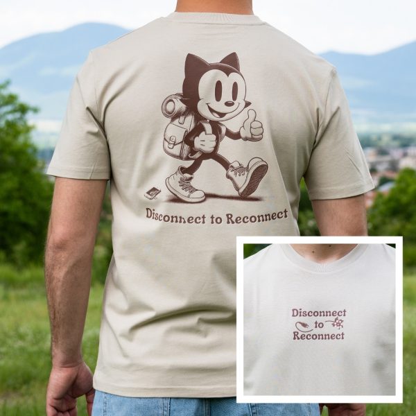 Organic cotton t-shirt with Disconnect to Reconnect hiking cat graphic on front and back