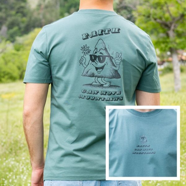 Green organic cotton t-shirt with Faith Can Move Mountains mountain graphic on back