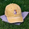Yellow vintage organic cotton baseball cap with embroidered hiking bear design, adjustable strap, casual outdoor cap for everyday wear and adventures