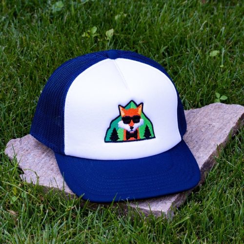 Front view of white and navy blue kids mesh cap made from durable material with embroidered fox wearing sunglasses.
