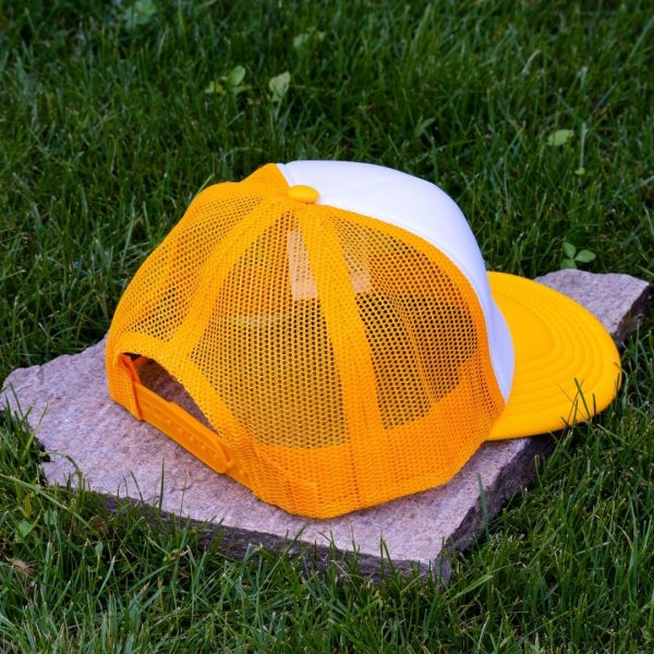 Rear view of yellow and white kids mesh cap with breathable yellow mesh back, adjustable yellow closure and curved brim.