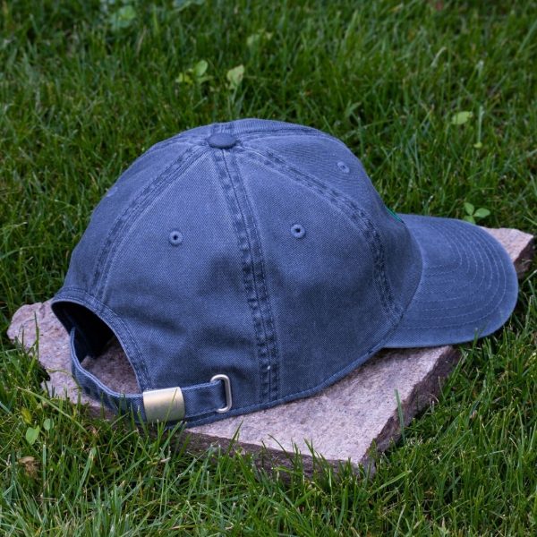 Back view of grey vintage organic cotton baseball cap with adjustable metal buckle, washed finish and curved visor