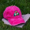 Pink vintage cotton baseball cap with embroidered fox wearing sunglasses, washed finish and adjustable Velcro strap