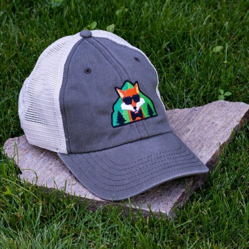 Grey trucker cap made from organic and recycled cotton with embroidered fox, soft mesh back and adjustable closure