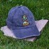 Black vintage cotton baseball cap with embroidered Meowtain Climber cat, washed finish and adjustable Velcro strap