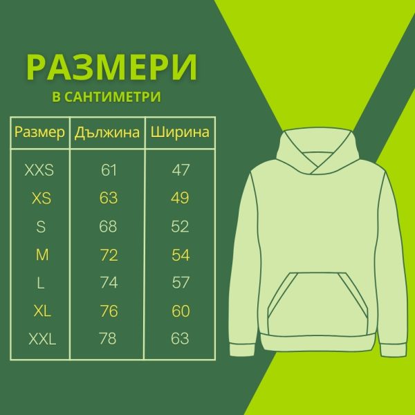 tablitsa-s-razmeri-za-uniseks-suitshart-s-kachulka Unisex hoodie size chart in centimetres with length and width measurements from XXS to XXL